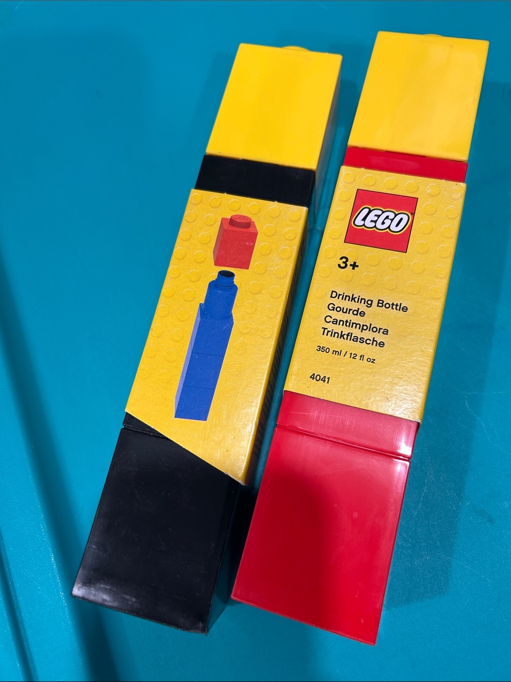 Lego Yellow, Red, Black Drinking Bottle Packaging